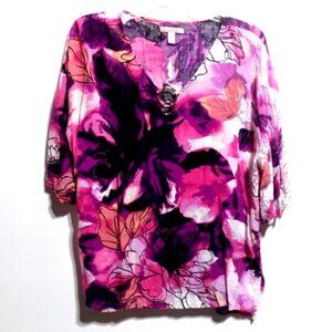 Dana Buchman Women’s Purple & Pink Floral ¾ Sleeve, V-Neck Top – Size: Medium